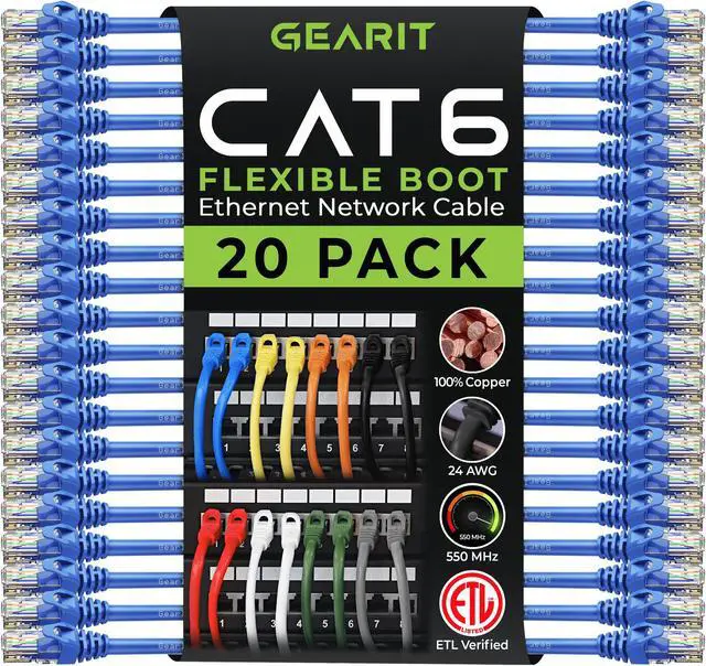 Main image of GearIT 20-Pack Cat6 Patch Cable 1 Foot Cat 6 Ethernet Cable Snagless Flexible Soft Tab - Preimum Series - Blue