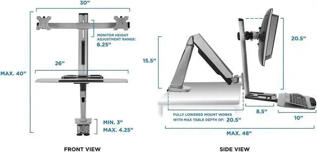 Alt view image 5 of 5 - Mount-It! Stand Up Workstation with Dual Monitor Mount - Standing Desk Converter with Height Adjustable Keyboard & Counterbalance Monitor Arm
