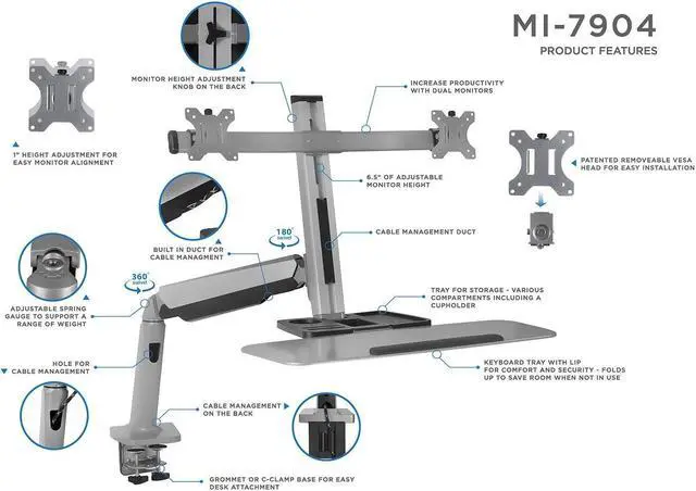 Alt view image 4 of 5 - Mount-It! Stand Up Workstation with Dual Monitor Mount - Standing Desk Converter with Height Adjustable Keyboard & Counterbalance Monitor Arm