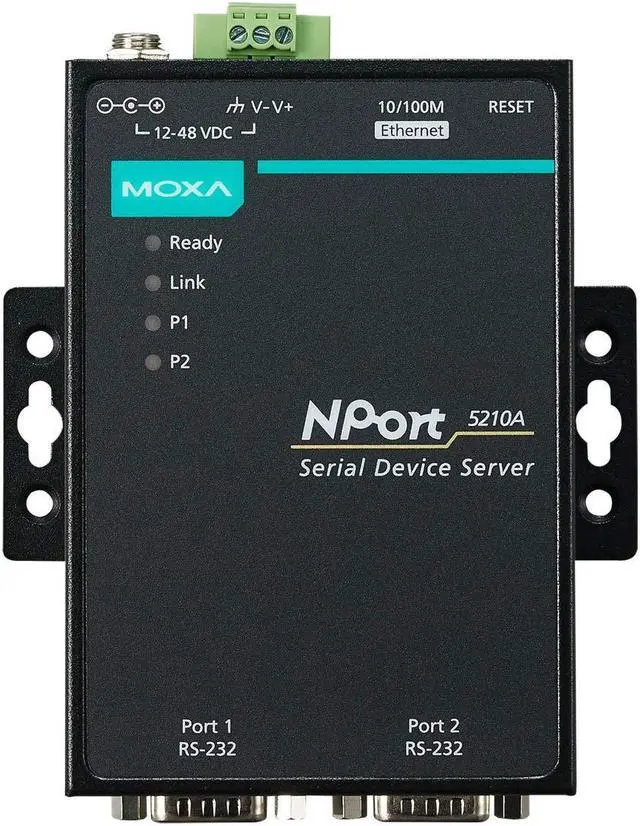 Alt view image 2 of 3 - Moxa NPort 5210A - 2 Ports Device Server, 10/100M Ethernet, RS-232, DB9 Male, 15KV ESD, 0.5KV Serial Surge, 12~48VDC, 0~60degC