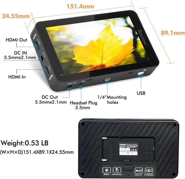 Alt view image 5 of 5 - Desview R6 Camera Field Monitor 5.5inch Touchscreen Monitor, UHB 2800nits 1920x1080 IPS 4K HDMI with 3D LUT HDR Waveform Vectorscope False Color Zebra for DSLR & Mirrorless