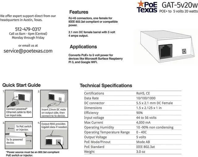 Alt view image 4 of 5 - GAT-5V20W - PoE+ to 5 Volt DC Splitter with Divided Ethernet Data