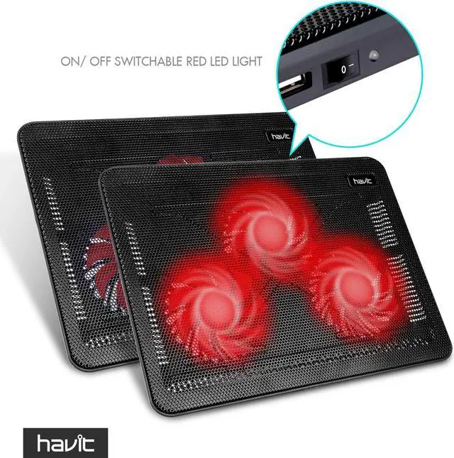 Alt view image 2 of 5 - Havit HV-F2056 15.6-17 Inch Laptop Cooler Cooling Pad - Slim Portable USB Powered (3 Fans) (Black+Red)