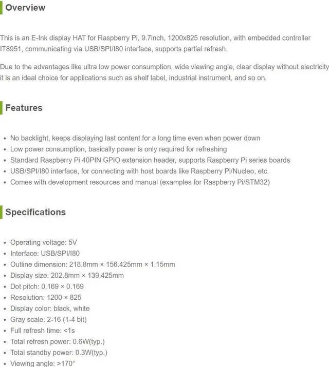 Alt view image 3 of 5 - Waveshare 9.7inch E-Ink Display HAT Compatible with Raspberry Pi4B/3B+/3B/2B/B+/A+/Zero/Zero W/WH/Zero 2W 1200x825 Resolution IT8951 Controller USB/SPI/I80 Interface Supports Partial Refresh