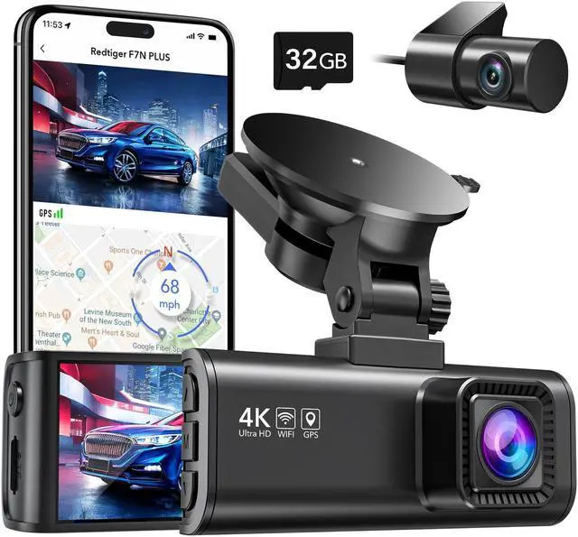 Main image of REDTIGER Dash Cam Front Rear, 4K/2.5K Full HD Dash Camera for Cars, Free 32GB Card, Built-in Wi-Fi GPS, 3.16" IPS Screen, Night Vision, 170degWide Angle, WDR, 24H Parking Mode