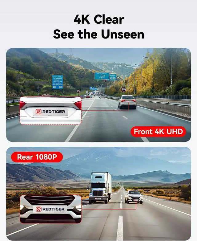 Alt view image 2 of 5 - REDTIGER Dash Cam Front Rear, 4K/2.5K Full HD Dash Camera for Cars, Free 32GB Card, Built-in Wi-Fi GPS, 3.16" IPS Screen, Night Vision, 170degWide Angle, WDR, 24H Parking Mode