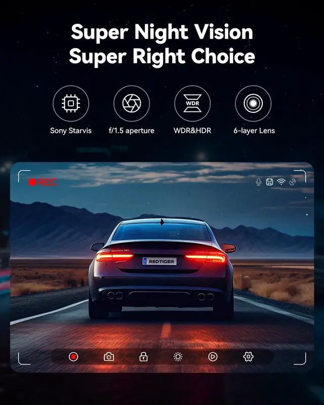 Alt view image 4 of 5 - REDTIGER Dash Cam Front Rear, 4K/2.5K Full HD Dash Camera for Cars, Free 32GB Card, Built-in Wi-Fi GPS, 3.16" IPS Screen, Night Vision, 170degWide Angle, WDR, 24H Parking Mode