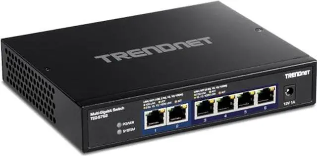 Main image of TRENDnet 6-Port 10G Switch, 4 x 2.5G RJ-45 BASE-T Ports, 2 x 10G RJ-45 Ports, 60Gbps Switching Capacity, Wall Mountable, 10 Gigabit Network Connections, Lifetime Protection, Black, TEG-S762