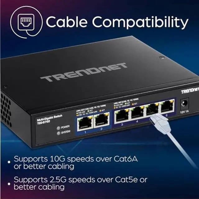 Alt view image 4 of 5 - TRENDnet 6-Port 10G Switch, 4 x 2.5G RJ-45 BASE-T Ports, 2 x 10G RJ-45 Ports, 60Gbps Switching Capacity, Wall Mountable, 10 Gigabit Network Connections, Lifetime Protection, Black, TEG-S762