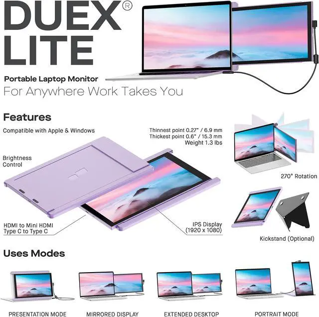 Alt view image 2 of 5 - New Mobile Pixels Duex Lite Portable Monitor for Laptops(2023 Upgraded), 12.5" Full HD IPS Laptop Screen Extender, USB C/HDMI Powered Plug and Play, Windows/Mac/Android/Switch Compatible (Misty Lilac)