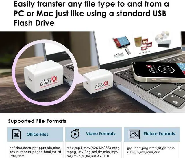 Alt view image 4 of 5 - PIODATA iXflash Cube 1 TB Photo Storage Device Apple MFi Certified USB Type C with Quick Charge for iPhone & iPad, Auto Backup Photos & Videos