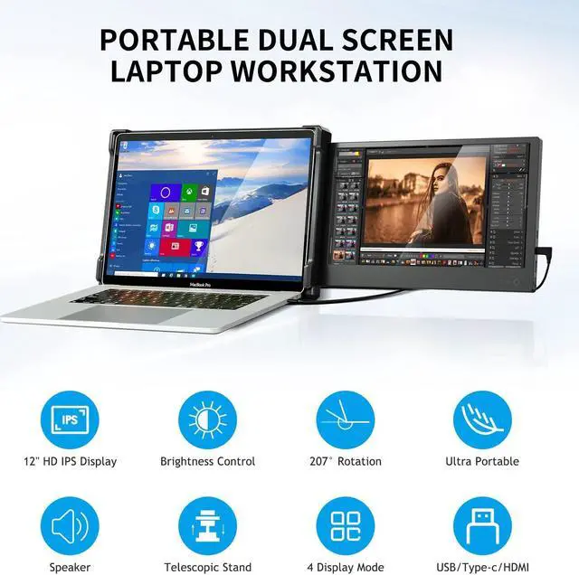 Alt view image 2 of 5 - Alecewey Portable Monitor for Laptop Screen Extender Dual Monitor 12 Inch FHD 1080P IPS Display USB-A/Type-C/HDMI/Speakers for 13-16 Inch Computer Mac Windows Phone