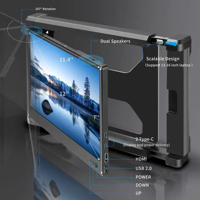 Alt view image 5 of 5 - Alecewey Portable Monitor for Laptop Screen Extender Dual Monitor 12 Inch FHD 1080P IPS Display USB-A/Type-C/HDMI/Speakers for 13-16 Inch Computer Mac Windows Phone