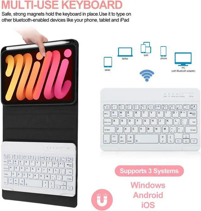 Alt view image 4 of 5 - BORIYUAN iPad Mini (A17 Pro) 7th Keyboard Case 2024, Detachable Wireless Bluetooth Keyboard, Smart Slim Folio Cover with Build-in Pencil Holder for iPad Mini 7th/6th 2021 Generation 8.3 inch Rose Gold