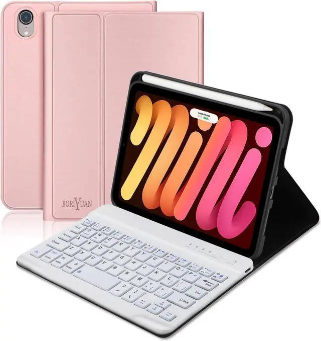 Main image of BORIYUAN iPad Mini (A17 Pro) 7th Keyboard Case 2024, Detachable Wireless Bluetooth Keyboard, Smart Slim Folio Cover with Build-in Pencil Holder for iPad Mini 7th/6th 2021 Generation 8.3 inch Rose Gold