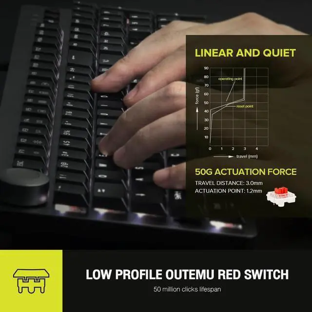 Alt view image 3 of 5 - DeLUX Mechanical Wired Keyboard with Programmable Dial, 104 Keys with Low Profile Linear Red Switches, LED Backlit, 3 On-Board Memory, Mac and Windows (KS100U-Grey)