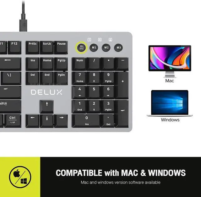 Alt view image 4 of 5 - DeLUX Mechanical Wired Keyboard with Programmable Dial, 104 Keys with Low Profile Linear Red Switches, LED Backlit, 3 On-Board Memory, Mac and Windows (KS100U-Grey)