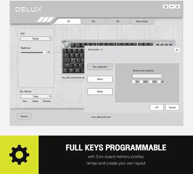 Alt view image 5 of 5 - DeLUX Mechanical Wired Keyboard with Programmable Dial, 104 Keys with Low Profile Linear Red Switches, LED Backlit, 3 On-Board Memory, Mac and Windows (KS100U-Grey)