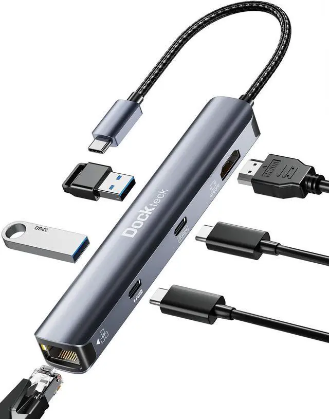 Main image of USB C Hub Ethernet,6 in 1 Laptop Docking Station, Dockteck USB C Multiport Adapter with 4K@60Hz HDMI, 100W PD,USB-C Data Port, 1Gbps LAN, 2 USB 3.0 for MacBook Pro/Air, Surface Pro, XPS and More