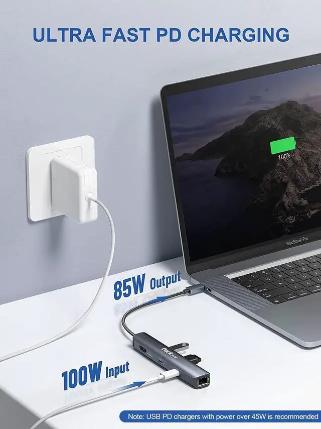 Alt view image 4 of 5 - USB C Hub Ethernet,6 in 1 Laptop Docking Station, Dockteck USB C Multiport Adapter with 4K@60Hz HDMI, 100W PD,USB-C Data Port, 1Gbps LAN, 2 USB 3.0 for MacBook Pro/Air, Surface Pro, XPS and More