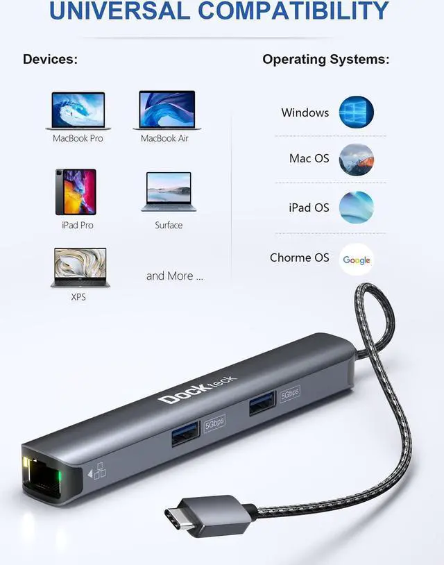 Alt view image 5 of 5 - USB C Hub Ethernet,6 in 1 Laptop Docking Station, Dockteck USB C Multiport Adapter with 4K@60Hz HDMI, 100W PD,USB-C Data Port, 1Gbps LAN, 2 USB 3.0 for MacBook Pro/Air, Surface Pro, XPS and More