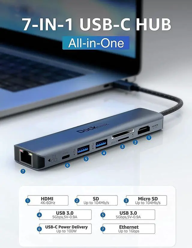 Alt view image 2 of 5 - USB C Hub Multiport Adapter, Dockteck 7-in-1 USB-C Hub with 4K 60Hz HDMI with Short USB C Cable 0.5 FT CableCreation USB A to USB C Cable