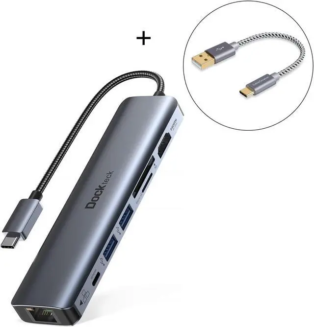 Main image of USB C Hub Multiport Adapter, Dockteck 7-in-1 USB-C Hub with 4K 60Hz HDMI with Short USB C Cable 0.5 FT CableCreation USB A to USB C Cable