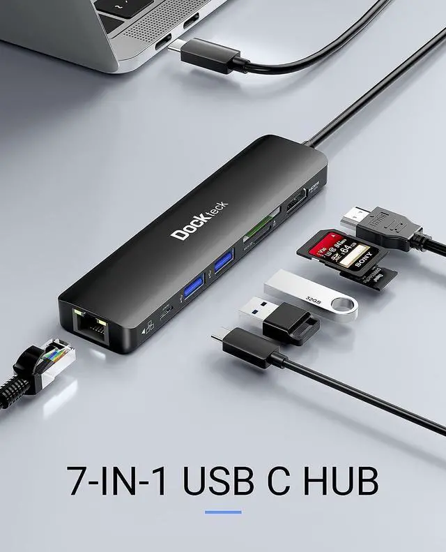 Alt view image 4 of 5 - Dockteck 7-in-1 USB-C Hub with 4K 60Hz HDMI, 1Gbps Ethernet, 100W Power Delivery, SD/TF Card Slots, USB 3.0 5Gbps Data Ports, for MacBook Pro, MacBook Air, iPad Pro, XPS