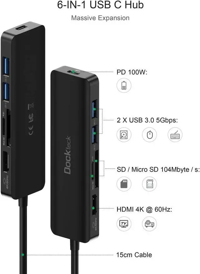 Alt view image 2 of 5 - Dockteck 6-in-1 USB C HUB with 4K 60Hz HDMI, 100W PD, 2 USB 3.0, SD & microSD Bundle with 6-in-1 USB C Hub Multiport Adapter with 1Gbps Ethernet Network, USB-C Data Port and 2 USB 3.0, HDMI, 100W PD