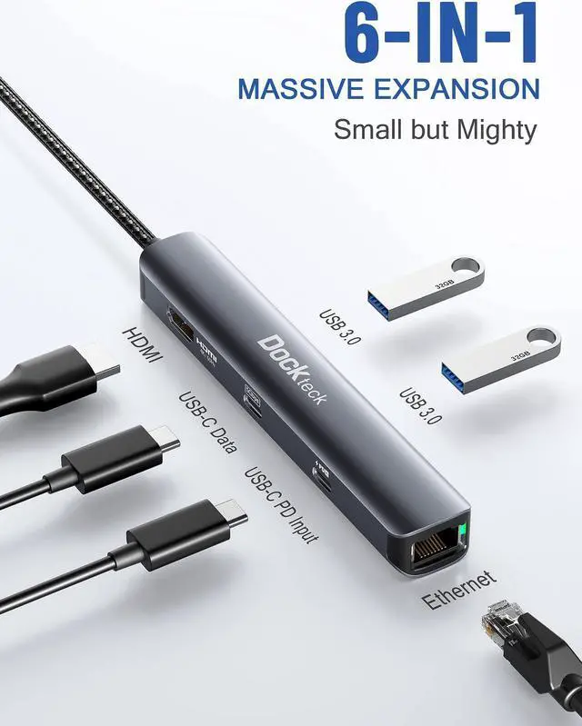 Alt view image 3 of 5 - Dockteck 6-in-1 USB C HUB with 4K 60Hz HDMI, 100W PD, 2 USB 3.0, SD & microSD Bundle with 6-in-1 USB C Hub Multiport Adapter with 1Gbps Ethernet Network, USB-C Data Port and 2 USB 3.0, HDMI, 100W PD