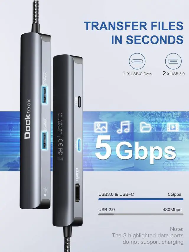 Alt view image 5 of 5 - Dockteck 6-in-1 USB C HUB with 4K 60Hz HDMI, 100W PD, 2 USB 3.0, SD & microSD Bundle with 6-in-1 USB C Hub Multiport Adapter with 1Gbps Ethernet Network, USB-C Data Port and 2 USB 3.0, HDMI, 100W PD