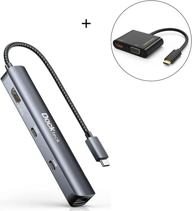 Main image of Dockteck 6-in-1 USB C Hub with 4K 60Hz HDMI, USB-C Data Port, 1Gbps Ethernet, 100W PD, 2 USB 3.0 Bundle with USB C to HDMI VGA Adapter, CableCreation USB Type C to Dual VGA HDMI Splitter Converter