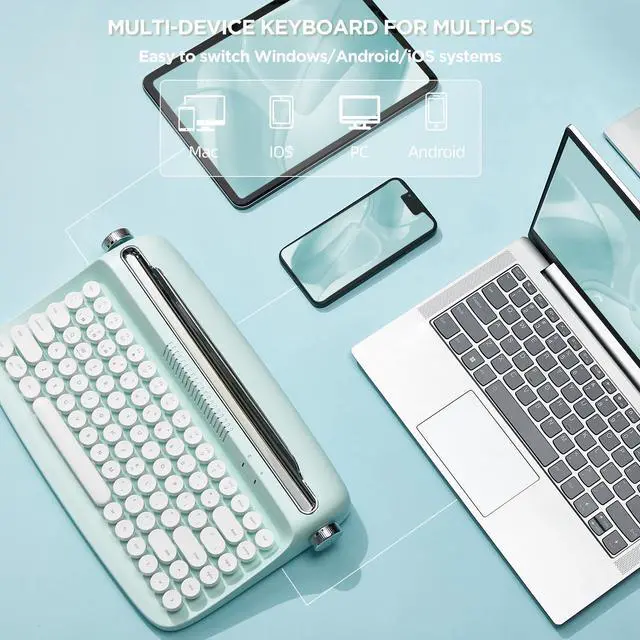 Alt view image 4 of 5 - YUNZII ACTTO B303 Wireless Typewriter Keyboard, Bluetooth Connection, Cute Retro Aesthetic Design with Integrated Stand for Tablet, Phone, PC and Win/Mac/Android (B303, Sweet Mint)