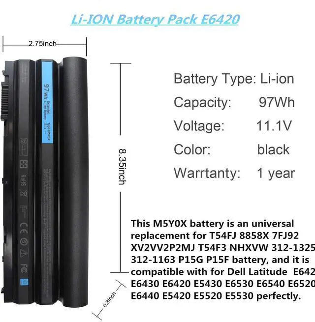 Alt view image 2 of 5 - 9-Cell 97Wh M5Y0X Battery for Dell Latitude E6420 E6430 E6440 E6520 E6530 E6540 E5420 E5430 E5520 E5530 Inspiron 4420 5420 5425 7420 7520 N4420 N4720 N5420 M421R M521R 2P2MJ NHXVW 71R31 11.1V