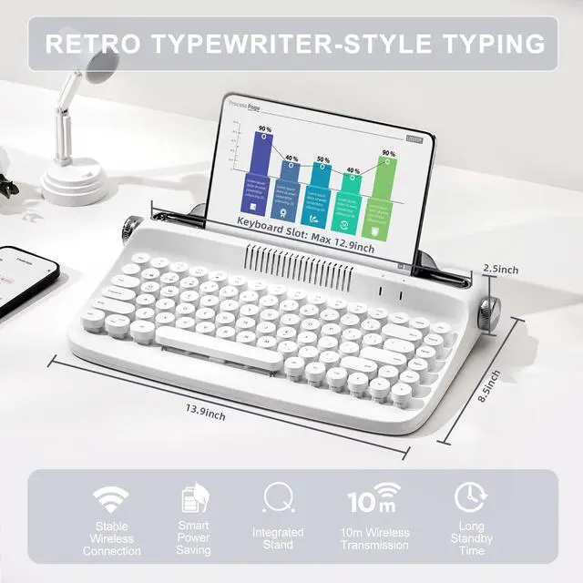 Alt view image 2 of 5 - YUNZII ACTTO B303 Wireless Keyboard, Retro Bluetooth Aesthetic Typewriter Style Keyboard with Integrated Stand for Multi-Device (B303, Snow White)