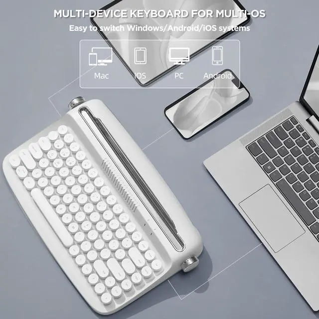 Alt view image 3 of 5 - YUNZII ACTTO B303 Wireless Keyboard, Retro Bluetooth Aesthetic Typewriter Style Keyboard with Integrated Stand for Multi-Device (B303, Snow White)
