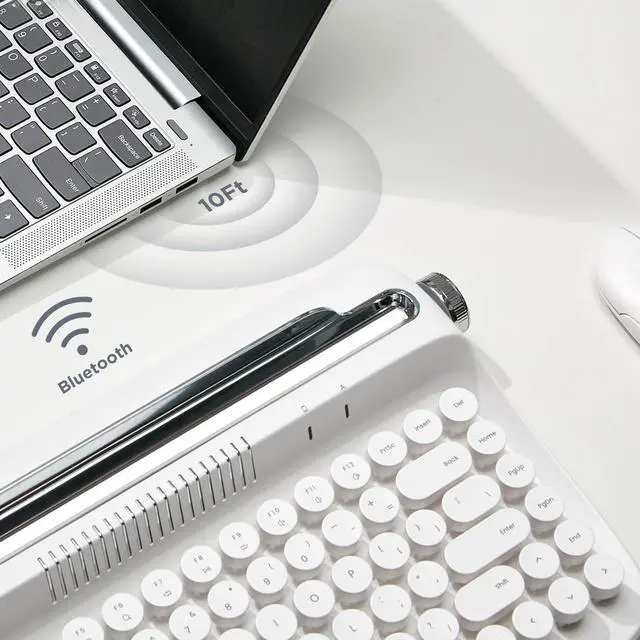 Alt view image 4 of 5 - YUNZII ACTTO B303 Wireless Keyboard, Retro Bluetooth Aesthetic Typewriter Style Keyboard with Integrated Stand for Multi-Device (B303, Snow White)