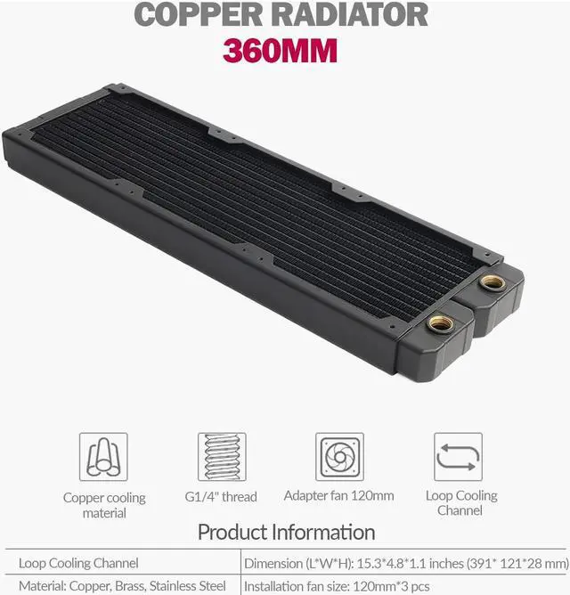Alt view image 2 of 5 - Dracaena.io 360mm - 28mm/1.1inch Thick Computer Radiator, 14 Tubes Copper Water Cooling Cooler for CPU Heat Sink - Liquid Heat Exchanger Dual G1/4 Thread