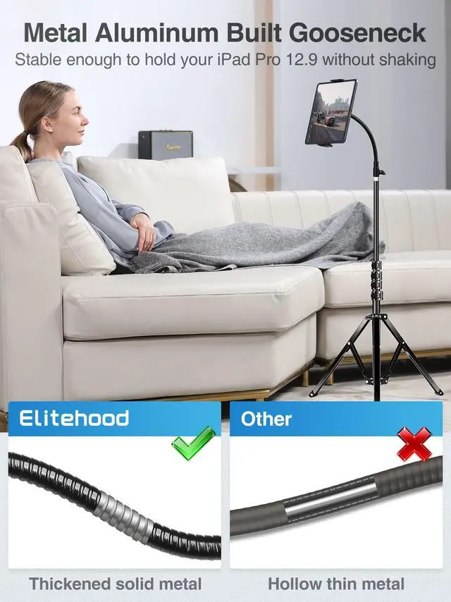 Alt view image 4 of 5 - elitehood Tablet Floor Tripod Stand, Stronger Gooseneck iPad Tripod Stand, 72" Adjustable iPad Stand Holder for Stream/Watching, for iPad Pro 12.9, Mini, Air, iPhone and 4.7-13" Tablet and Cellphone