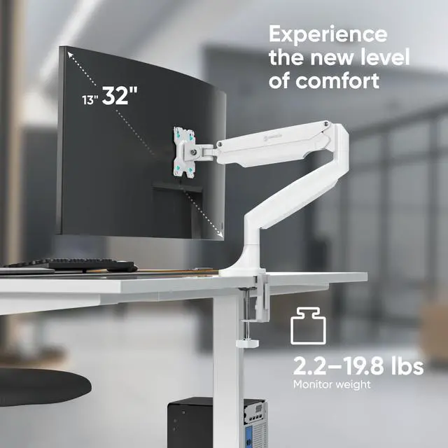 Alt view image 3 of 5 - ONKRON Single Monitor Mount for 13-32 Inch Screen up to 19.8 lbs, Gas Spring Monitor Arm VESA 75x75 & 100x100, Adjustable Computer Screen Mount for Desk with Swivel, Tilt, Rotation White