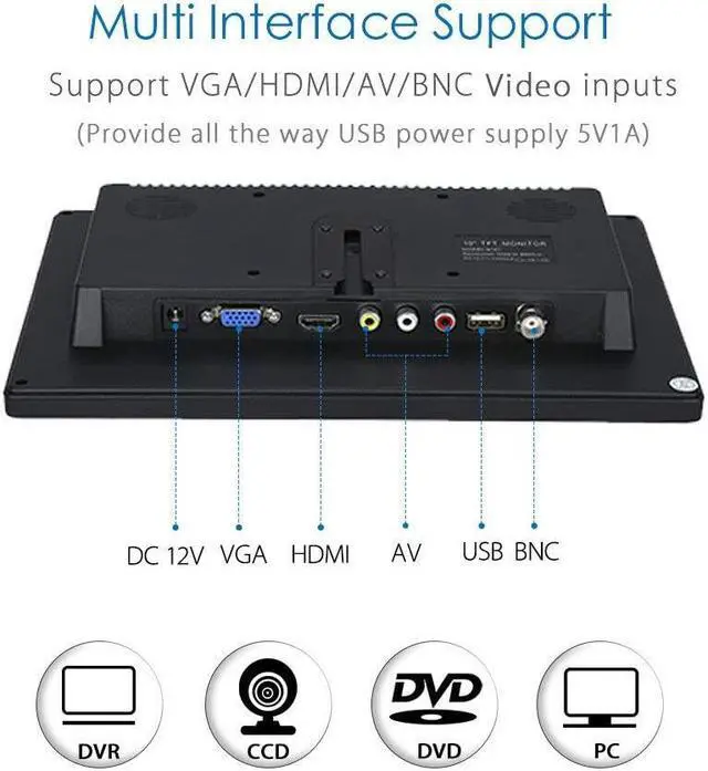 Alt view image 4 of 5 - CAIRUTE Portable 10.1 inch Security Monitor 1024x600 HDMI Mini TV Screen with Built-in Dual Speakers HDMI VGA BNC USB Input for PC Gaming CCTV Surveillance