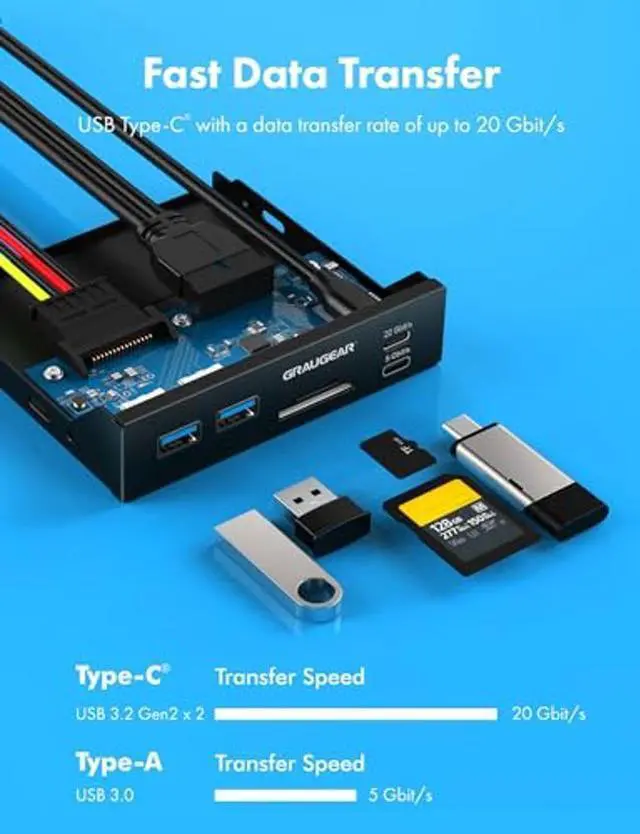 Alt view image 4 of 5 - GRAUGEAR 3.5 Inch Front Panel USB C Hub, SD/microSD Internal Card Reader, 20Gbps USB 3.2 Gen 2x2, 20-pin Type-E Key-A Header & USB3.0 Header & 15-Pin SATA Power Connector Required [G-MP01CR]