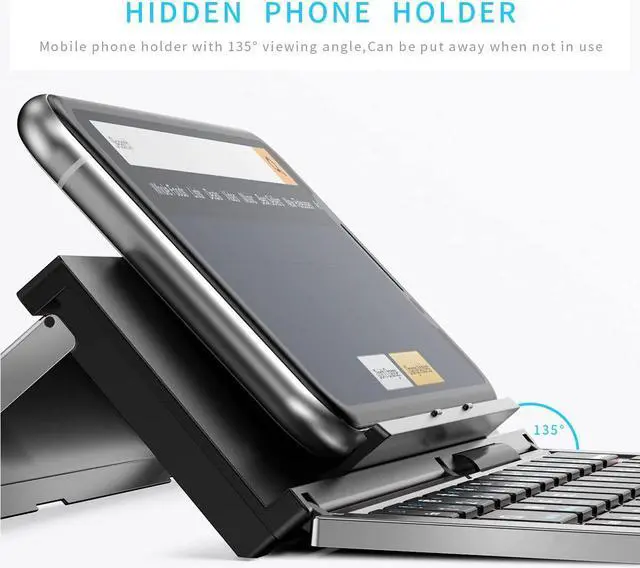 Alt view image 4 of 5 - Foldable Keyboard, Portable Bluetooth Wireless Keyboard with Stand Holder, Rechargeable Full Size Ultra Slim Folding Keyboard Compatible iOS Android Windows Smartphone Tablet and Laptop (Gray)