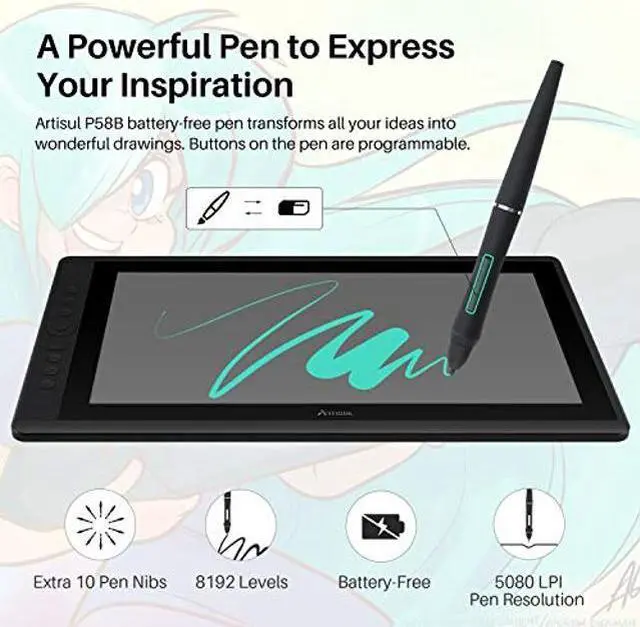 Alt view image 2 of 5 - Artisul D16 15.6 Inch Drawing Tablet with Screen IPS Graphics Drawing Monitor Full Laminated Pen Display Battery-Free Stylus 8192 Levels Pressure Sensitive 7 Shortcut Keys A Dial for Windows, Mac