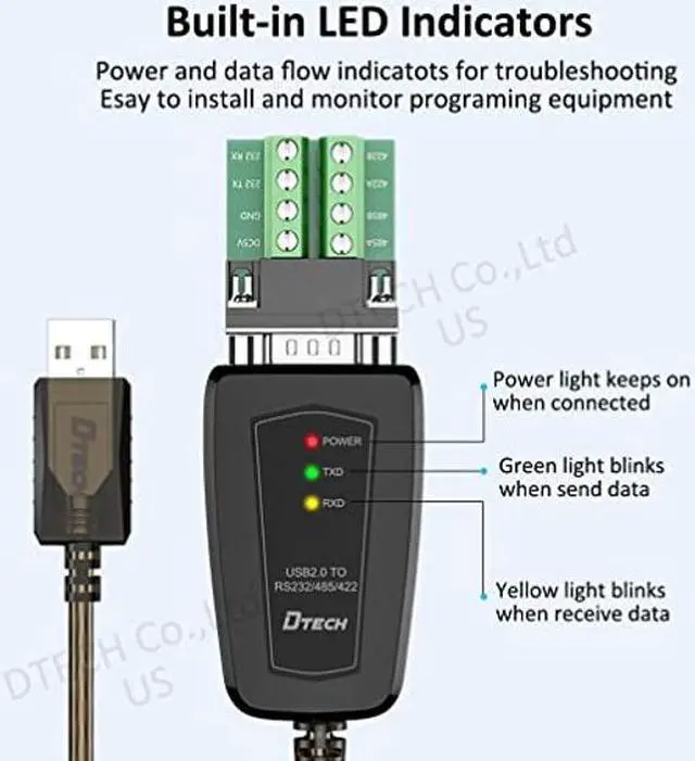 Alt view image 2 of 5 - DTech USB to Serial Adapter RS485 RS422 R232 (3 in 1 Interface) Supports DC 5V with Breakout Board LED Lights for Multi-Kind Control Devices Windows 11 10 8 7 XP Mac (5ft)