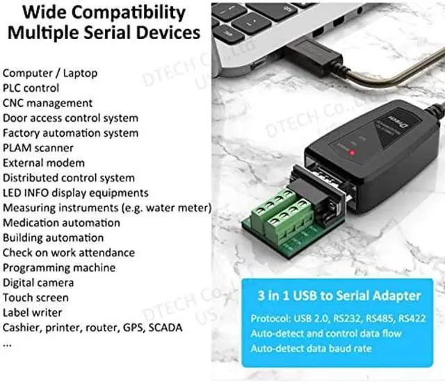 Alt view image 3 of 5 - DTech USB to Serial Adapter RS485 RS422 R232 (3 in 1 Interface) Supports DC 5V with Breakout Board LED Lights for Multi-Kind Control Devices Windows 11 10 8 7 XP Mac (5ft)