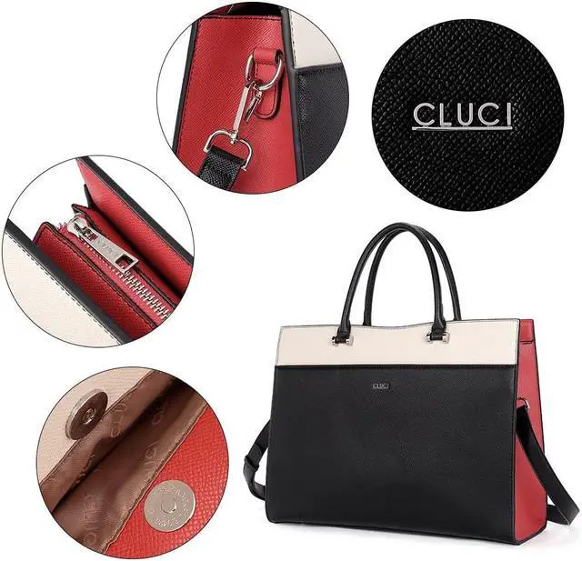 Alt view image 5 of 5 - CLUCI Women Briefcase Leather Laptop Bag for Women 15.6inch Computer Bag Messenger Business Work Tote Black with Beige
