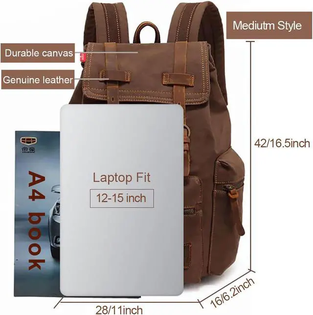 Alt view image 2 of 5 - AUGUR High Capacity Canvas Vintage Backpack - for School Travel 12-15" Laptop Backapcks for Men Casual Daypacks Rucksack (M-Coffee)