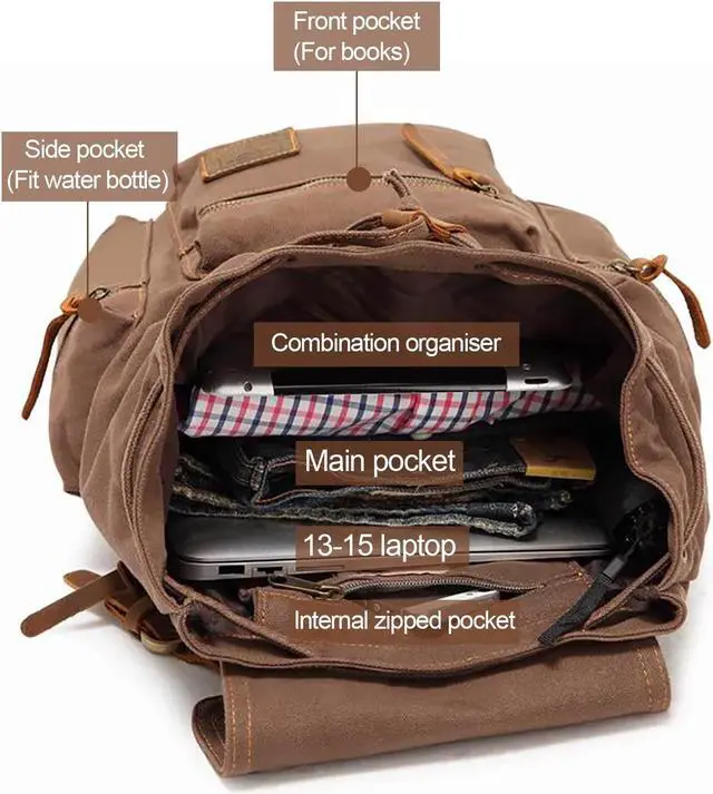 Alt view image 5 of 5 - AUGUR High Capacity Canvas Vintage Backpack - for School Travel 12-15" Laptop Backapcks for Men Casual Daypacks Rucksack (M-Coffee)