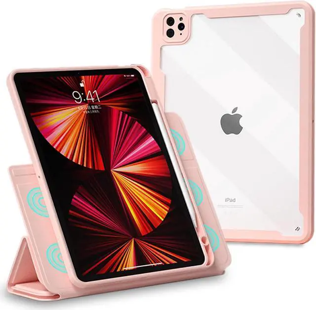 Main image of ABEIFAN iPad Pro 12.9 inch 6th 2022/5th 2021 Gen Case with Clear Acrylic Inner and Magnetic Detachable Folio Front Cover for 12.9 Inch 2020 4th Gen/2018 3rd Auto Sleep/Wake Pencil Holder Pink